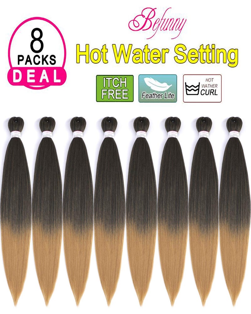 Befunny Braiding Hair,8 Packs 24 Inch Pre Stretched Braiding Hair - Professional Ombre Two Tone Prestretched Hair For Knotless Braiding Crochet Braids Hair, Yaki Straight Synthetic Hair (24", T1B/27#) - Image 2